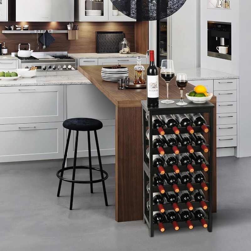 عرض رفوف تخزين النبيذ مع سطح الطاولة ، رف نبيذ من الخيزران 24 درجة ، رف للمطبخ ، بار ، غرفة طعام ، غرفة معيشة ، 6 طبقات