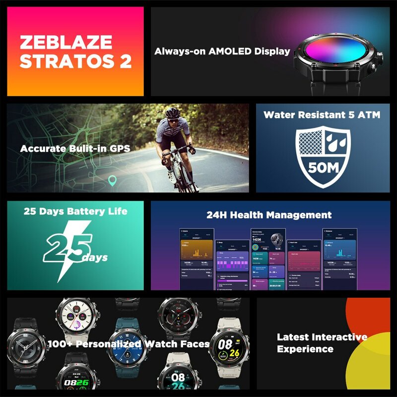 ساعة ذكية Zeblaze Stratos 2 GPS شاشة AMOLED صحية 24 ساعة 5 ATM عمر بطارية طويل للرجال