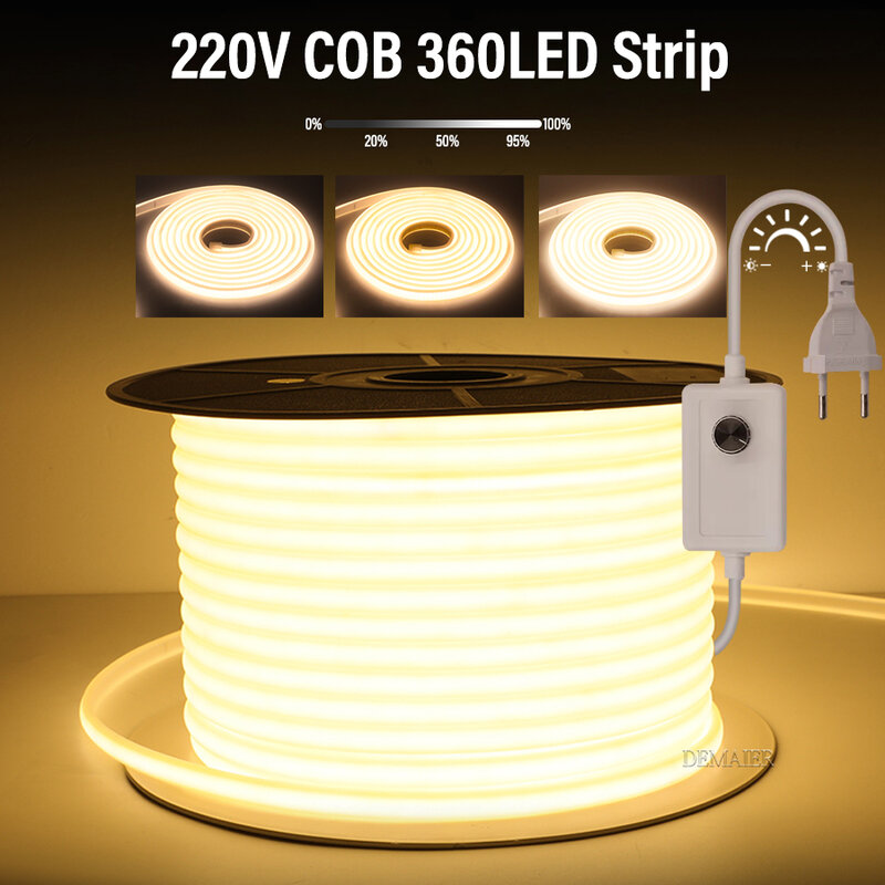 شريط COB LED 220 فولت التبديل/عكس الضوء الطاقة الاتحاد الأوروبي التوصيل 360 المصابيح/م 3000k 6000k RA90 في الهواء الطلق حديقة فوب LED الشريط غرفة نوم المطبخ الإضاءة