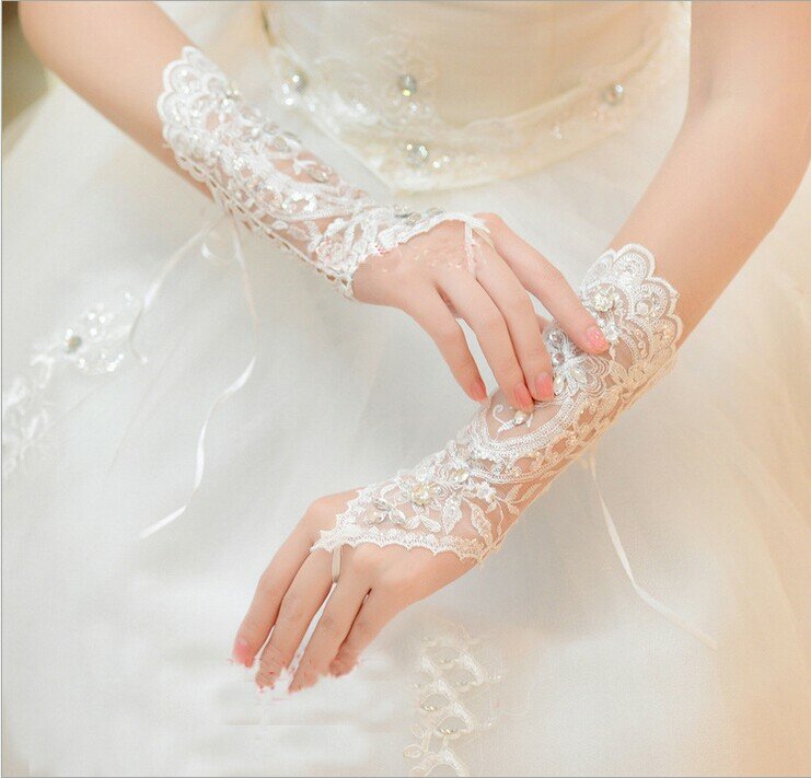 قفازات زفاف دانتيل من حجر الراين بدون أصابع ، إكسسوارات زفاف ، أبيض