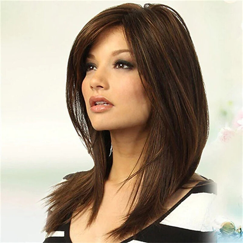 شعر مستعار اصطناعي طويل مستقيم غير متناظرة آلة صنع شعر مستعار متوسط طول براون الاصطناعية خصلات الشعر المستعار