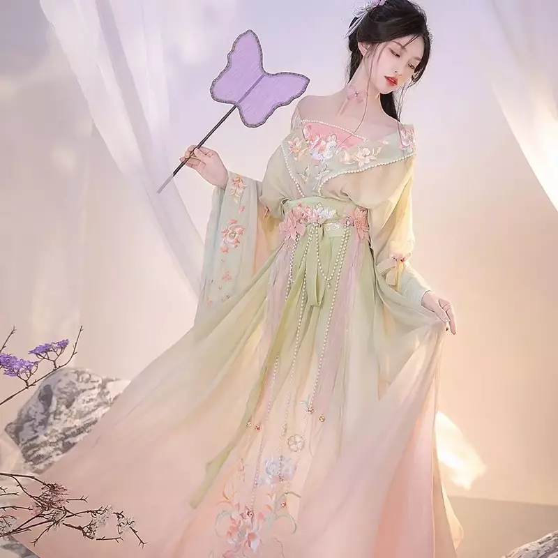 فستان هانفو صيني للنساء ، مطبوع بكم كبير ، طقم قميص ، كرنفال ، كوسبلاي خرافي ، فستان رقص هانفو
