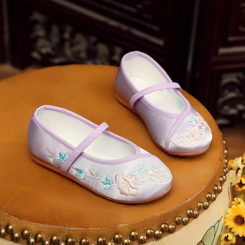 أحذية مطرزة على الطراز الصيني للبنات ، أحذية هانفو بزهور للأطفال ، مطاط ناعم ، أحذية قماشية تقليدية ، للأطفال من عمر 1-12 سنة