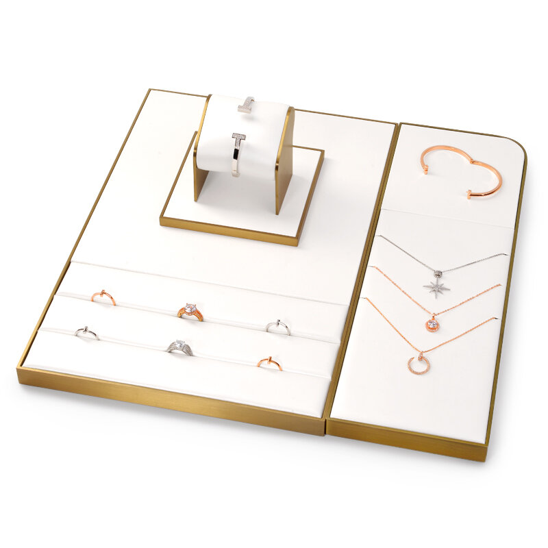 Oirlv الأبيض جلدية قاعدة معدنية مجوهرات عرض موقف حلقة/ساعة/سوار/الإسورة/حامل العقد عرض مجوهرات درج منظم
