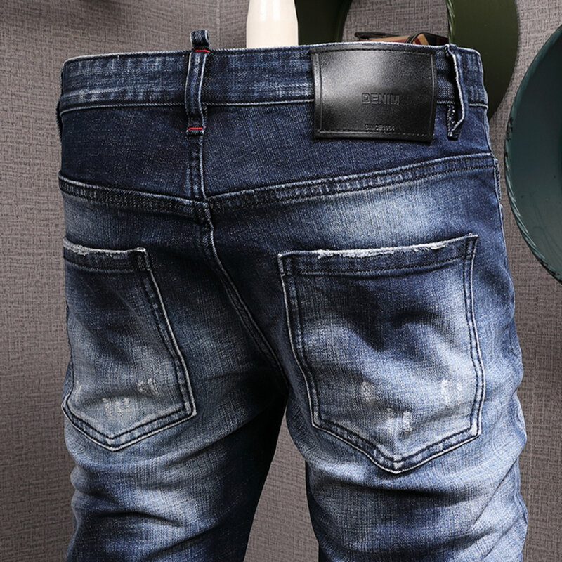 بنطلون جينز رجالي عالي الجودة بتصميم عتيق باللونين الأسود والأزرق بتصميم مرن ومناسب محكم