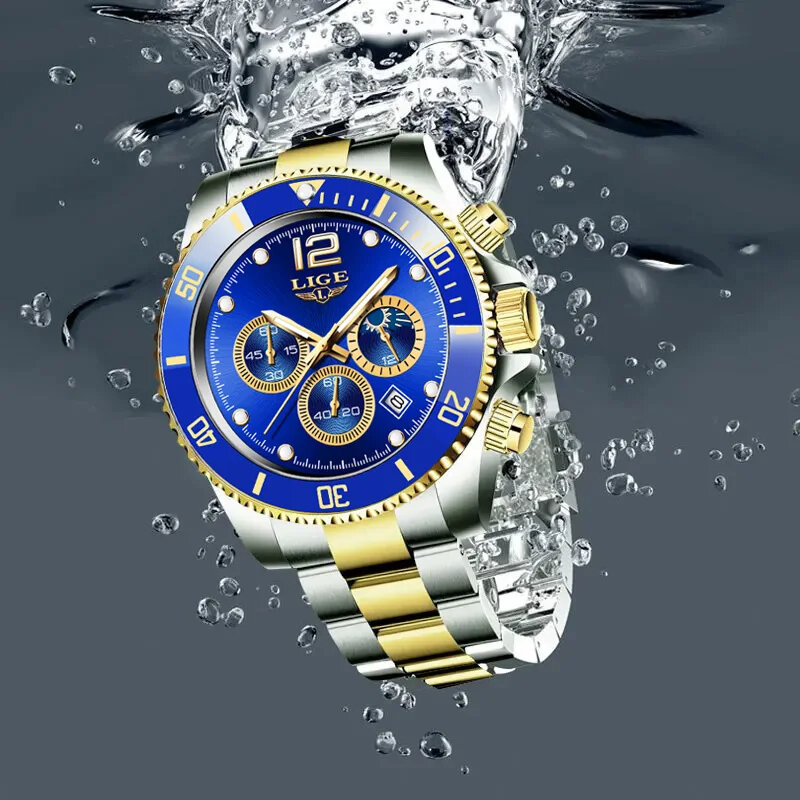 LIGE-Men ساعة يد كوارتز مقاومة للماء ، كرونوغراف مقاوم للصدأ ، ساعة فاخرة ، ساعات رياضية ، علامة تجارية مشهورة ، صندوق مشمول