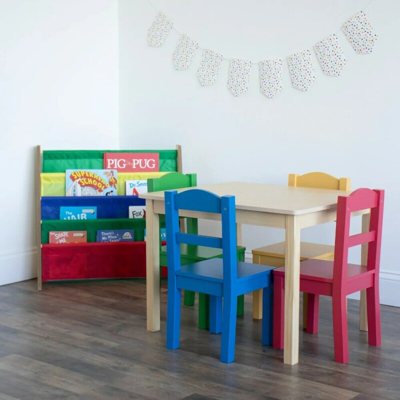 طاولة خشبية للأطفال و 4 كراسي مجموعة ، خشب طبيعي/أساسي