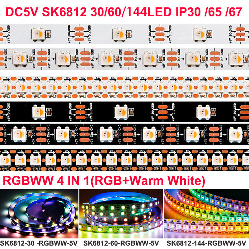 شريط إضاءة ليد بكسل قابل للعنونة ، أبيض ، أسود ، بي بي ، WS2812B ، ks ، SK6812 ، RGBW ، RGBWW ، SMD5050 ، 4 في 1 ، 60 مصباح لكل متر ، IP30 ، IP65 ، IP67