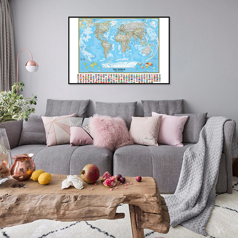 خريطة العالم مخصصة مع أعلام البلاد ، غير المنسوجة خلفية ، ملصق الديكور ، الجدار ملصق ، لا يتلاشى ، 84x59cm