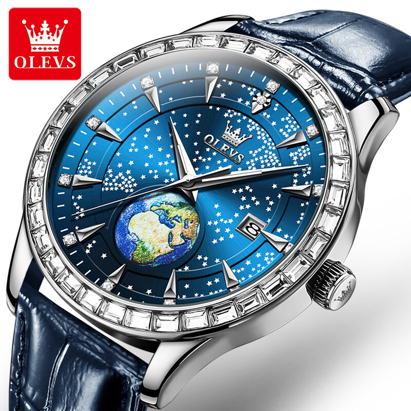 ساعة كوارتز ماسية بسماء زرقاء من OLEVS للرجال ، ساعة يد بسوار جلدي ، ساعة مقاومة للماء ، تصميم أرضي ، موضة