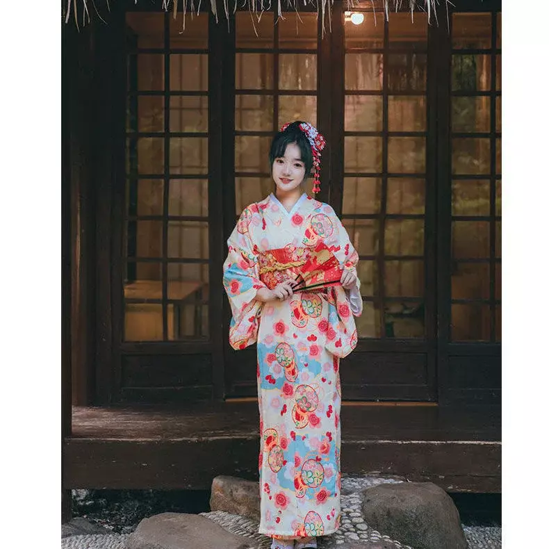 ثوب كيمونو ياباني تقليدي مع طباعة أوبي للنساء ، فساتين زهرة مهواة ، زي الجيشا ، بدلة هاوري يوكاتا