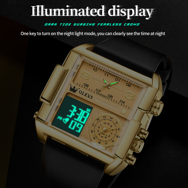 ساعة أوليف كوارتز للرجال ، حزام جلدي ، مقاومة للماء ، رياضة ليد ، ساعات رقمية ، تصميم 3 مرة ، علامة تجارية للأزياء