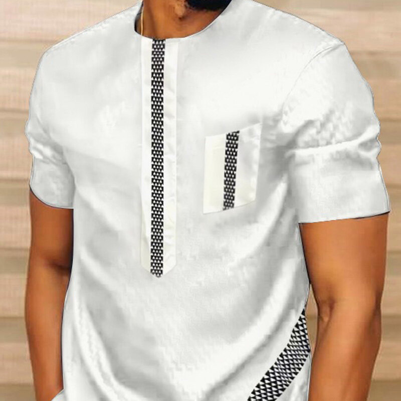 قميص أبيض تقليدي مطبوع للرجال 2023 كم قصير داشيكي تي شيرت طويل ملابس رجالية إفريقية غير رسمية
