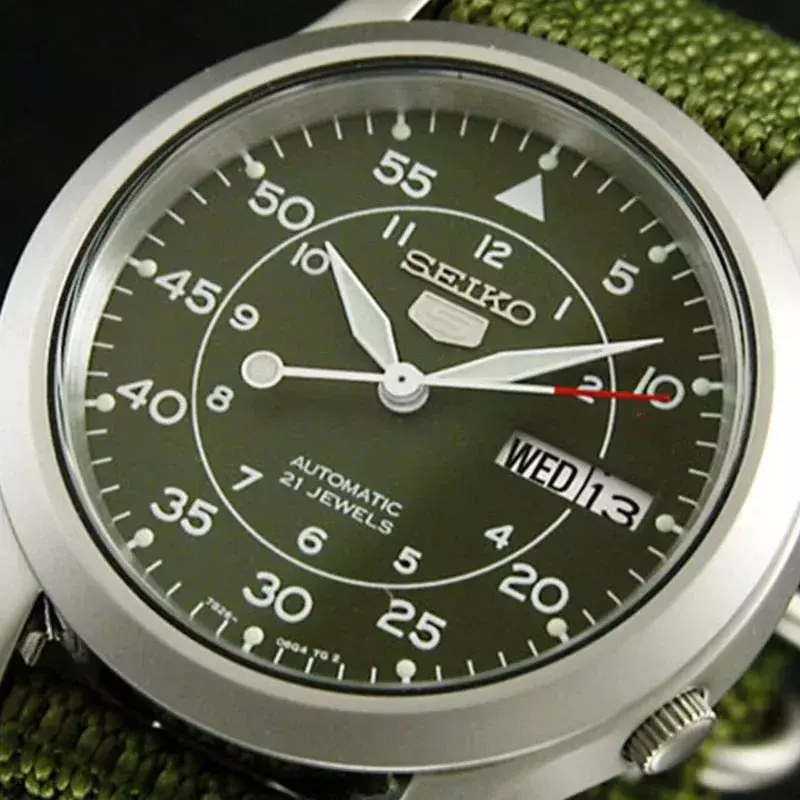 ساعة أوتوماتيكية فاخرة للرجال من SEIKO ، قرص أخضر ، حزام قماش ، موضة رياضية غير رسمية ، أصلية ، SNK805