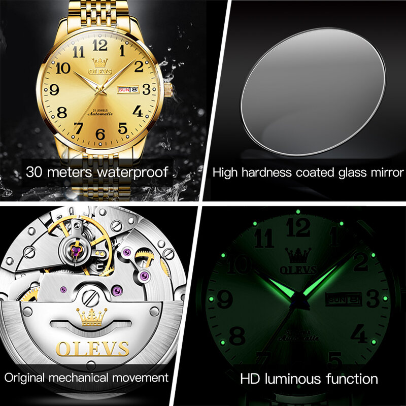 ساعة ميكانيكية مقاومة للماء من OLEVS للرجال ، ساعة يد من الفولاذ المقاوم للصدأ ، تاريخ الأسبوع ، أزياء العمل ، الذهب