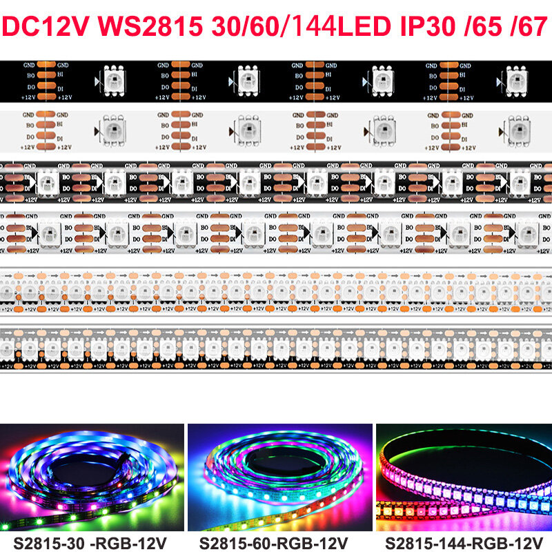 شريط إضاءة ليد ذكي ، قابل للعنونة بشكل فردي ، أسود وأبيض ، DC12V ، WS2815 ، 5050RGB ، لفة 5 أمتار ، 30 مصباح ليد ، 60 مصباح ليد ، مصابيح ليد ، m ، PCB ، IP30 ، IP65 ، IP67