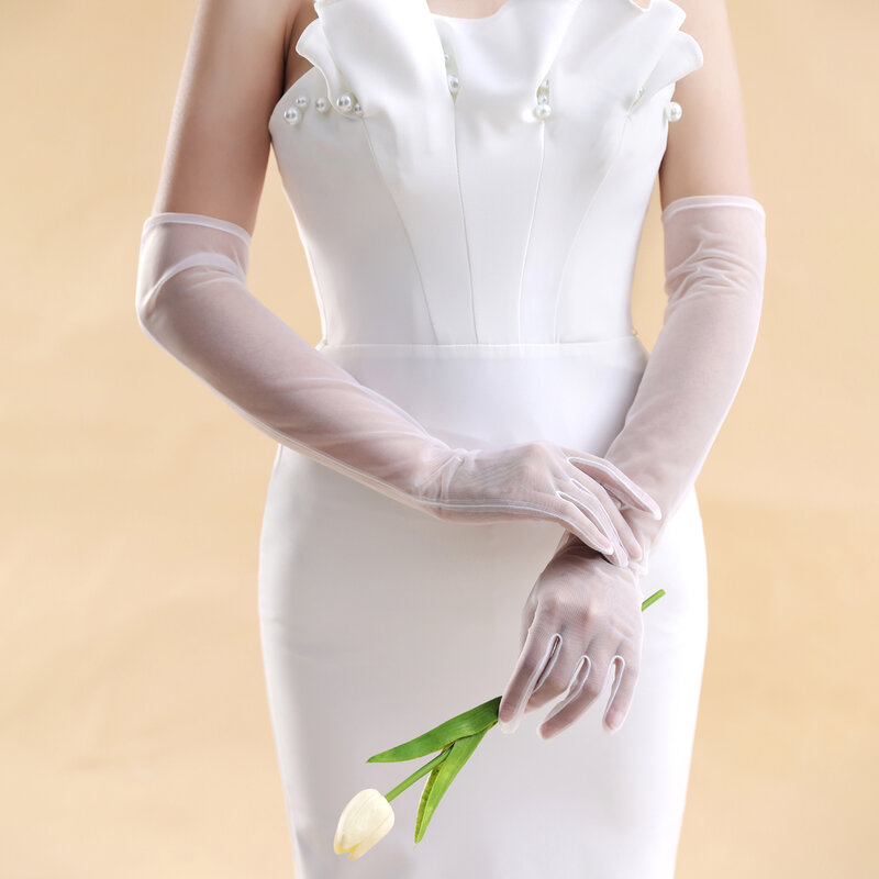 قفازات زفاف طويلة للنساء ، تول سادة ، عرائس بيضاء ، أوبرا وصيفة العروس ، قفازات أصابع ، مسابقة ، أداء ، WG046