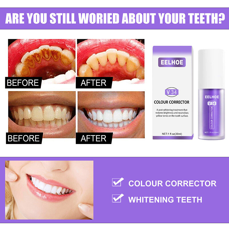 معجون أسنان لتبييض الأسنان ومعجون أسنان العناية بالمينا V34 مصحح الألوان لإزالة بقع الأسنان الحساسة المكثفة تقلل من الاصفرار