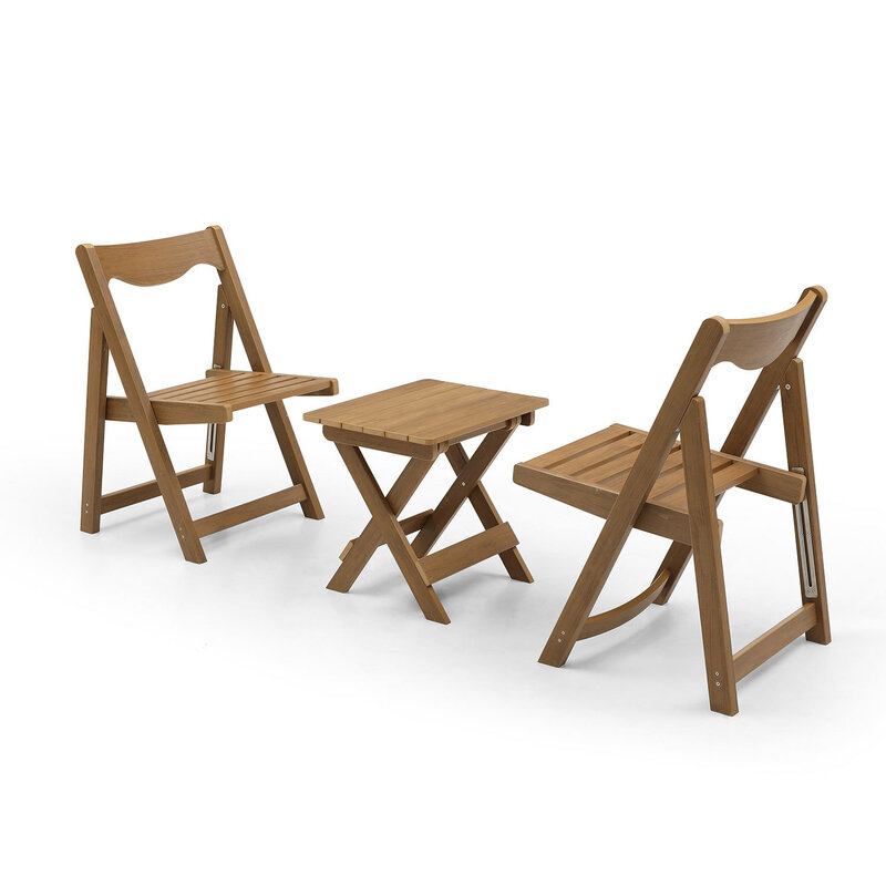مجموعة بيسترو خارجية مع طاولة صغيرة مستطيلة وكرسيين بطبعة خشب الساج ، مادة الوركين المقاومة للطقس