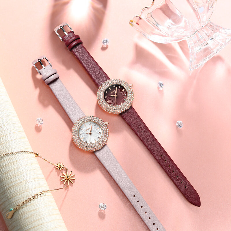 ساعة يد كوارتز نسائية من NIBOSI مع حجر الراين ، حزام جلدي ، ساعة نسائية ، هدية فاخرة ، موضة