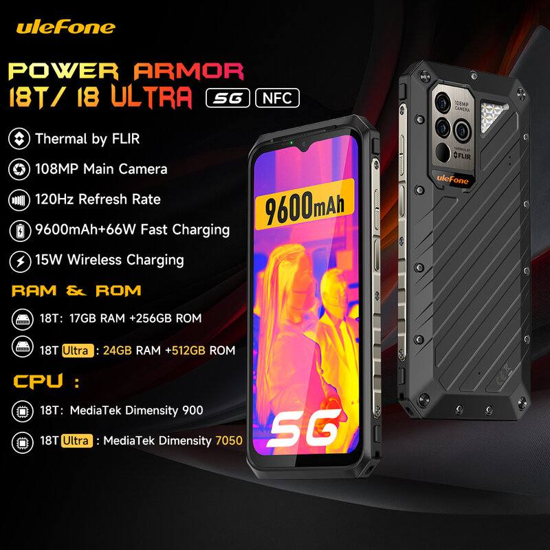 Ulefone-Power Armor 18T Ultra 5G هاتف متين, كاميرا تصوير حراري, FLIR®هاتف محمول عالمي ، هاتف ذكي ، 256GB ، 512GB ، 9600mAh ، 66W