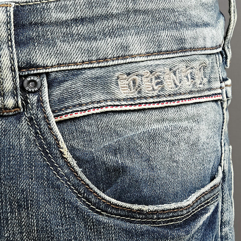 بنطلون جينز للرجال بتصميم عتيق من قماش الدنيم ذو تصميم كلاسيكي أزرق مرن قابل للتمدد ومناسب وممزق من الجينز للرجال سراويل دينم غير رسمية للرجال