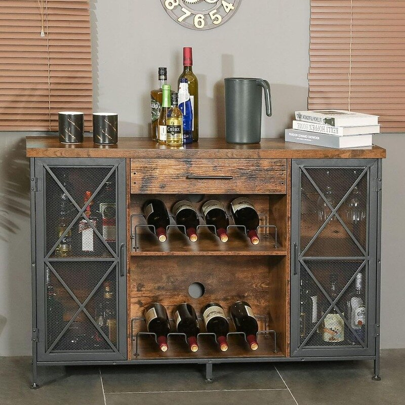 خزانة مع رف نبيذ وحامل زجاجي ، خزانة بوفيه جانبية للمشروبات الكحولية والنظارات ، قهوة المزرعة