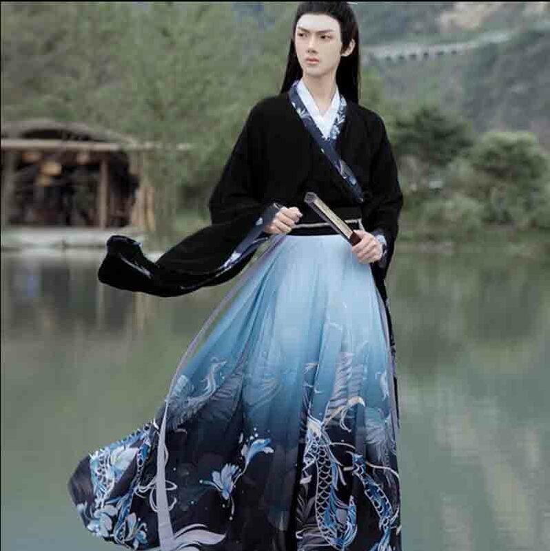 حجم كبير 2XL Hanfu الأزواج الصينية التقليدية التطريز الملابس الكبار هالوين كوس زي أسود أزرق Hanfu للرجال/النساء