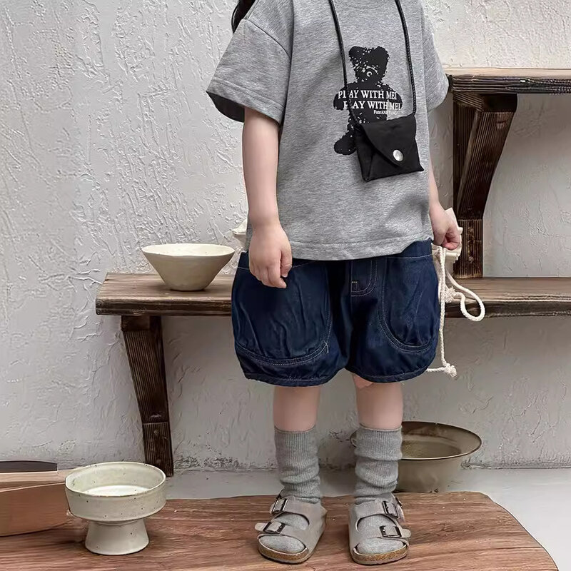 تي شيرت كوري للأطفال على شكل دب كرتوني ، أطقم قصيرة من الدنيم المنقط ، ملابس البنات ، ملابس أطفال ، طقم أولاد ، من 1 إلى 7 سنوات ، الصيف ،