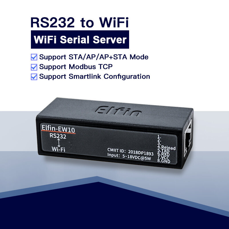 المنفذ التسلسلي RS232 إلى محول خادم جهاز واي فاي ، Elfin-EW10 ، EW10A ، دعم TCP ، IP Telnet ، Modbus ، IOT نقل البيانات