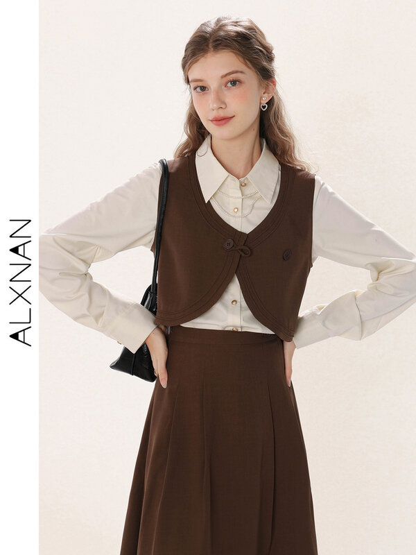 ALXNAN-بدلة أنيقة من ثلاث قطع للنساء ، قميص بطية صدر واحد ، صدرية برقبة على شكل حرف V ، تنورة مطوية ، تباع منفصلة ، TM00235 ، جديد ،