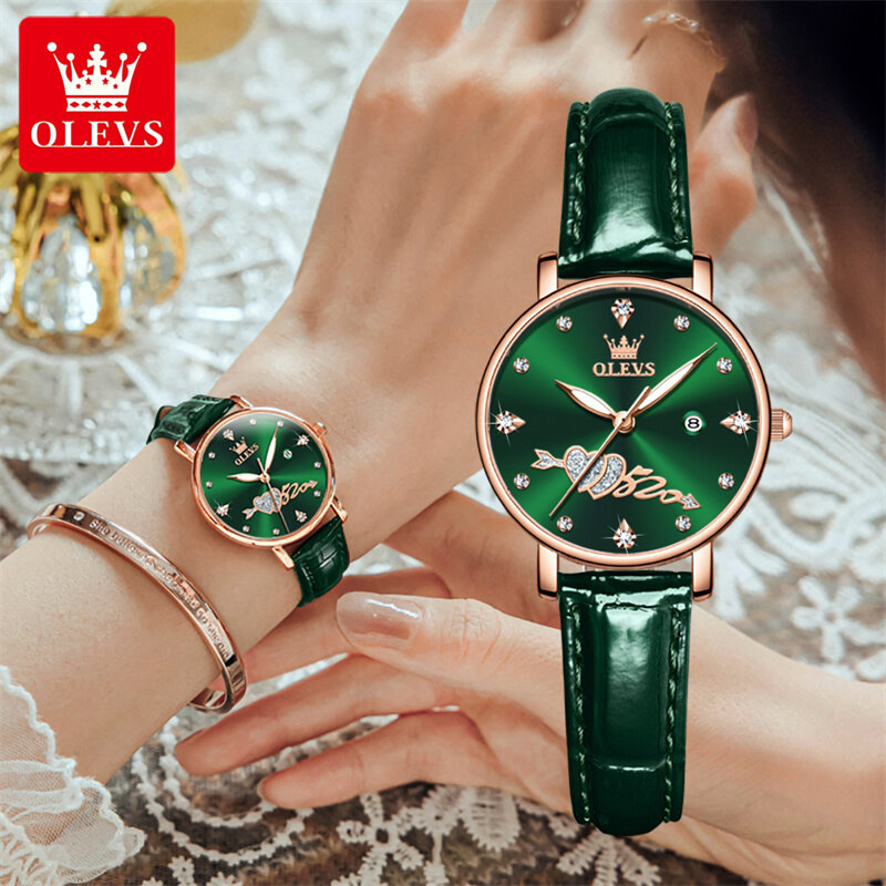 OLEVS-ساعة كوارتز ماسية للنساء ، مقاومة للماء ، حزام جلدي ، تقويم ، فاخر ، علامة تجارية ، موضة ، أخضر