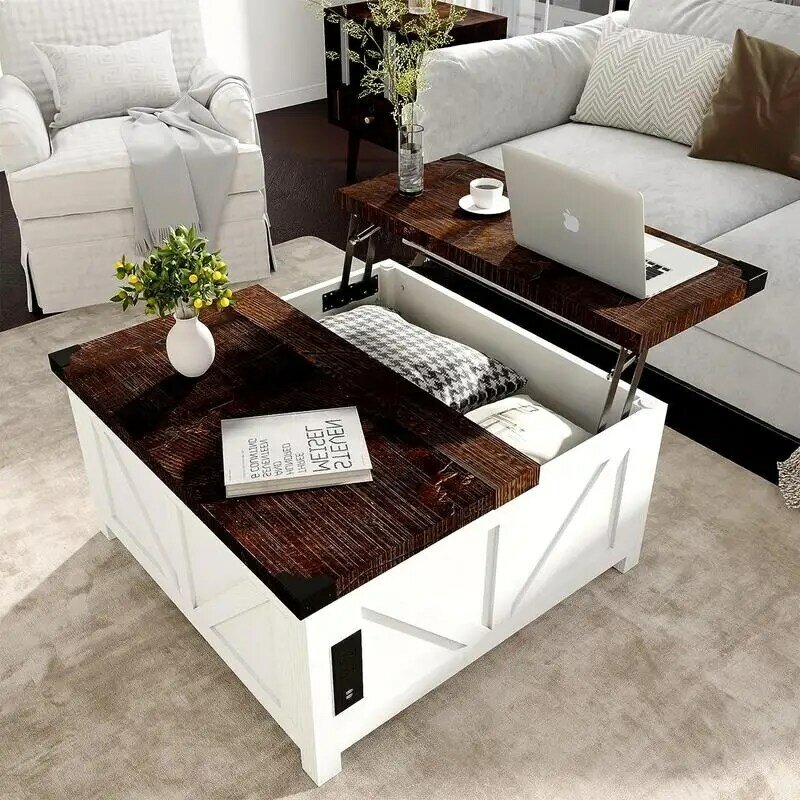 طاولة قهوة بمزرعة مع مخزن ، طاولة مركزية مربعة خشبية ، مع محطة شحن ومنافذ USB ، طاولة رفع ، طاولة مركزية بالوزن