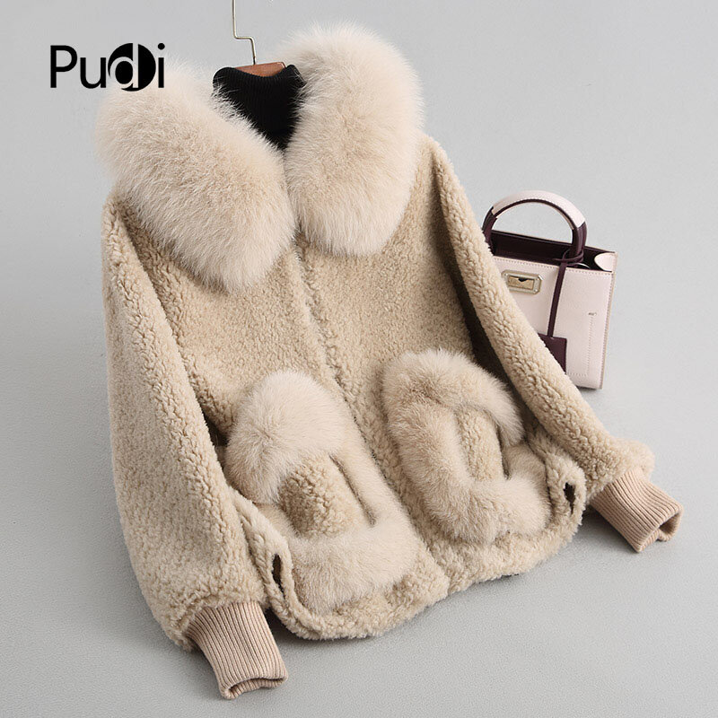 PUDI A18103 المرأة الشتاء الصوف الدافئة ريال فوكس الفراء هود معطف سيدة الصوف الحقيقي معطف طويل سترة معطف