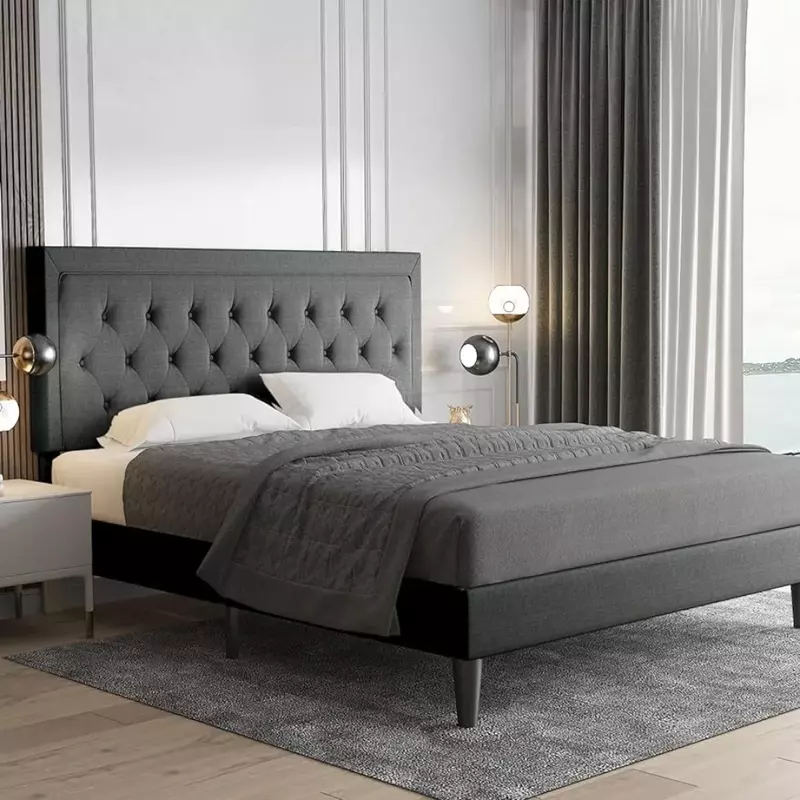 إطار سرير بأزرار كبيرة ، منصة معنفدة ، تنغمات قماشية مع لوح رأس قابل للتعديل ، شرائح خشبية ، دعم إطار السرير