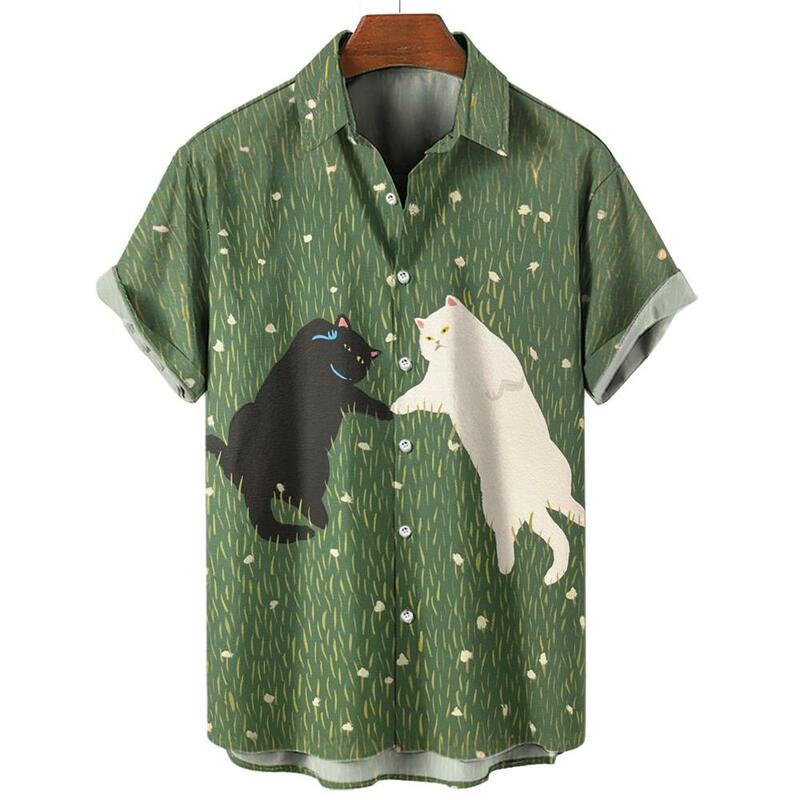 قمصان رجالية أنيمي قطة برسومات ، تي شيرتات كاجوال كبيرة الحجم ، قمم قصيرة الأكمام ، ملابس الشارع المتناثرة ، ملابس رجالية ، الصيف