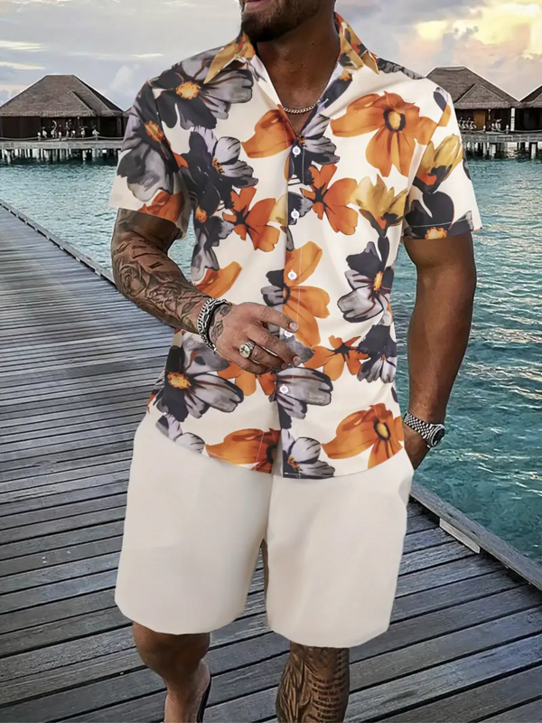 قميص رجالي بزهور عتيق مطبوع ثلاثي الأبعاد ، أكمام قصيرة ، قميص شاطئ غير رسمي كبير الحجم ، ملابس الشارع الصيفي ، ملابس هاواي