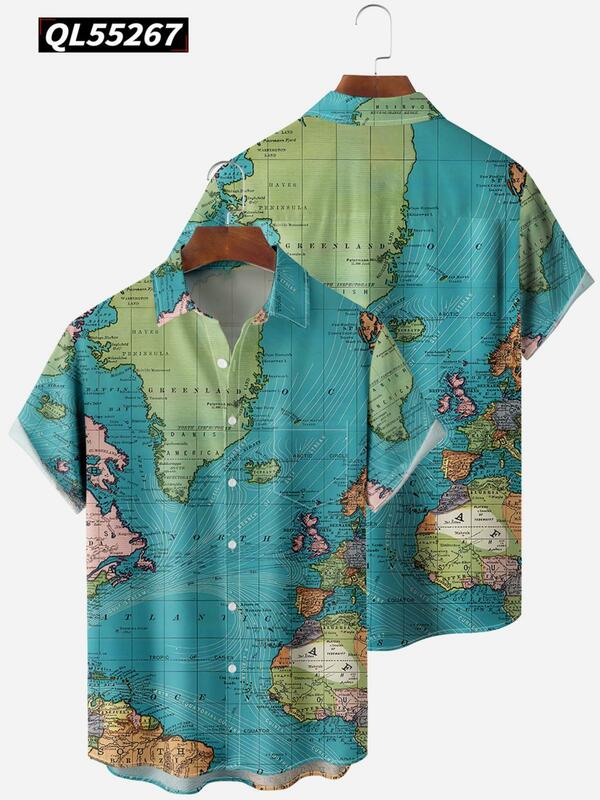 قميص رجالي بأكمام قصيرة هاواي ، نمط خريطة العالم الجديد ، بلوزات جيب زر ، عالية الجودة ، أنيقة ، عادية ، الصيف