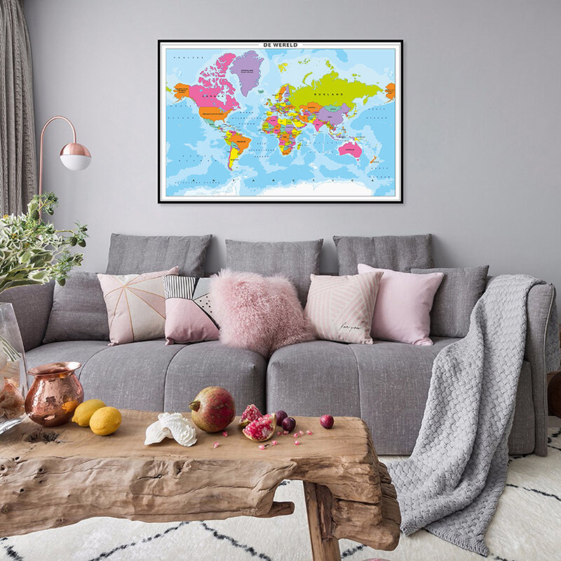 84*59cm The Wold Political Map In Dutch Wall Art Poster Canvas Painting Children School Supplies Living Room Home Decoration