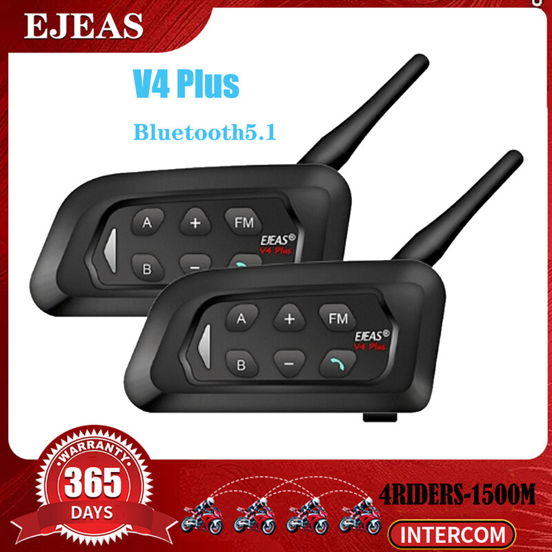 خوذة اتصال داخلي EJEAS V4 Plus للدراجات النارية سماعة رأس مزودة بتقنية البلوتوث 1500 متر مع خوذة مزدوجة لراكبي الدراجات النارية 4 راكبي الدراجات موديل IP65