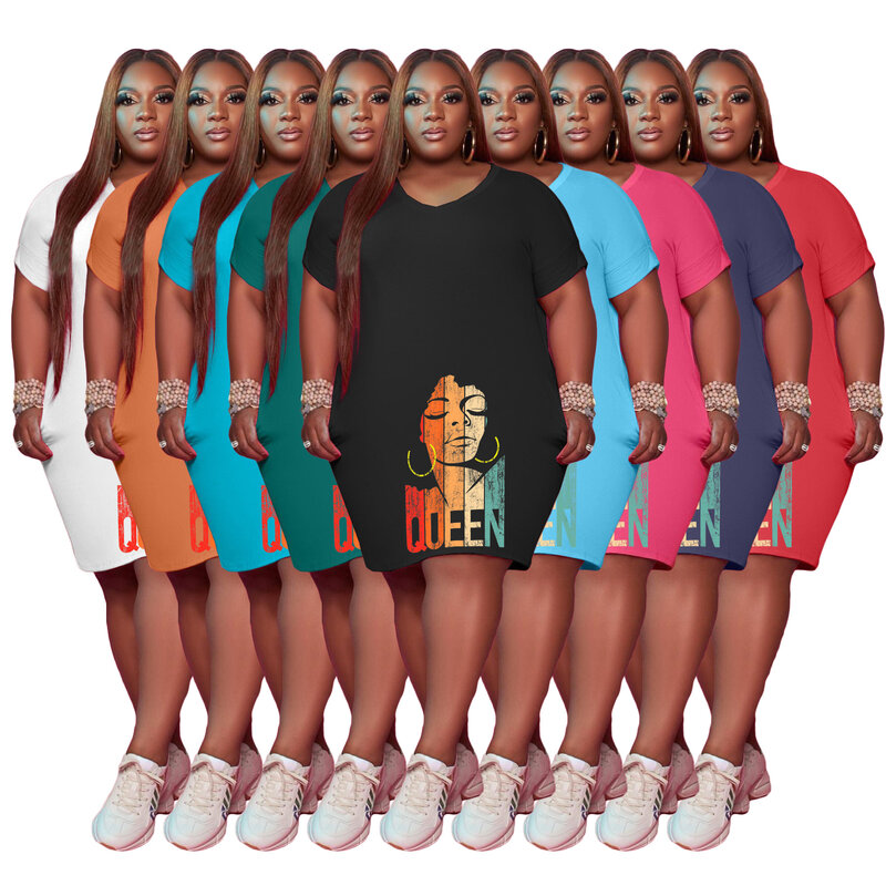 2023 الصيف مثير المرأة الأفريقية الخامس الرقبة قصيرة الأكمام البوليستر الطباعة حجم كبير الركبة طول فستان 5XL فساتين الأفريقية للنساء