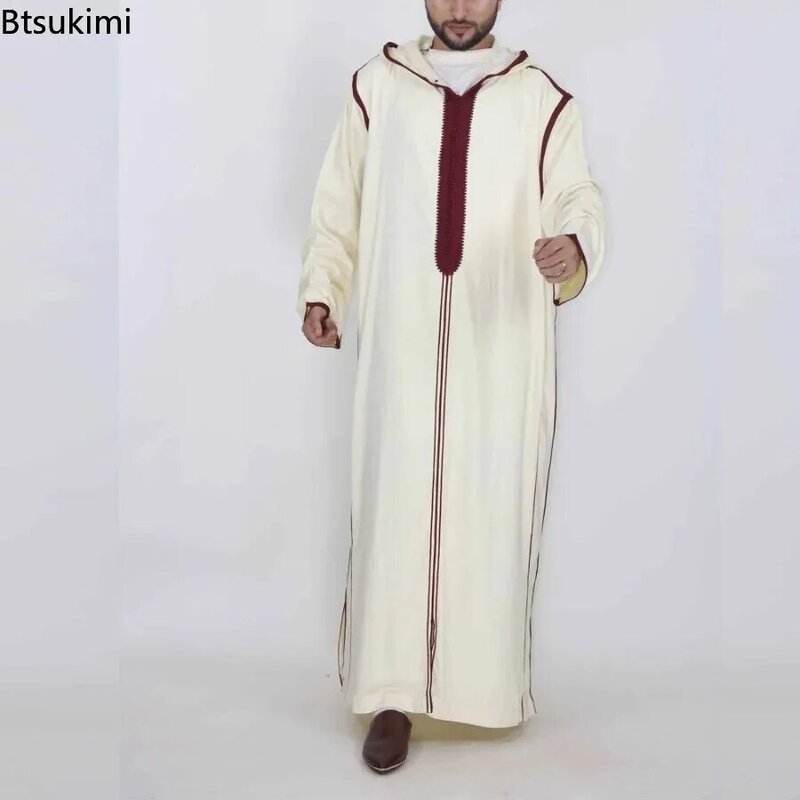 ملابس رجالية إسلامية جديدة من Jubba Thobe قلنسوة رجالية لربيع وخريف رمضان عباية دبي تركيا ملابس إسلامية رجالية فضفاضة غير رسمية شريط أحمر
