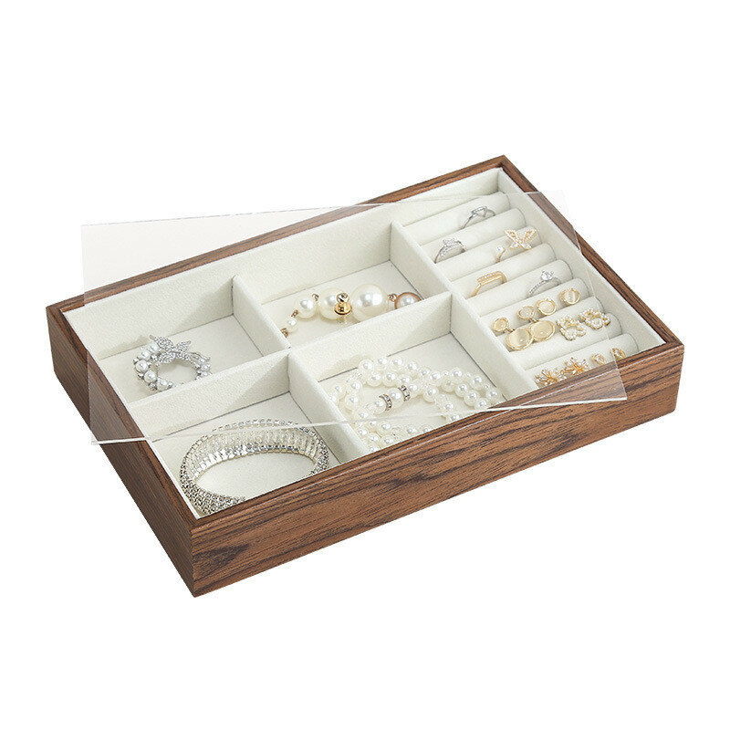 الكلاسيكية الخشب والمجوهرات صندوق مع غطاء شفاف صندوق تخزين المجوهرات للنساء خاتم هدية قلادة القرط اكسسوارات
