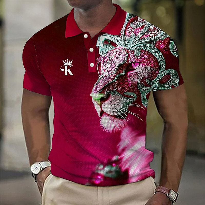 الحيوان الرجال بولو قميص ثلاثية الأبعاد الأسد الطباعة عادية اليومية التلبيب القمم تيز شرسة الوحش تي شيرت للرجل ملابس الصيف قصيرة الأكمام