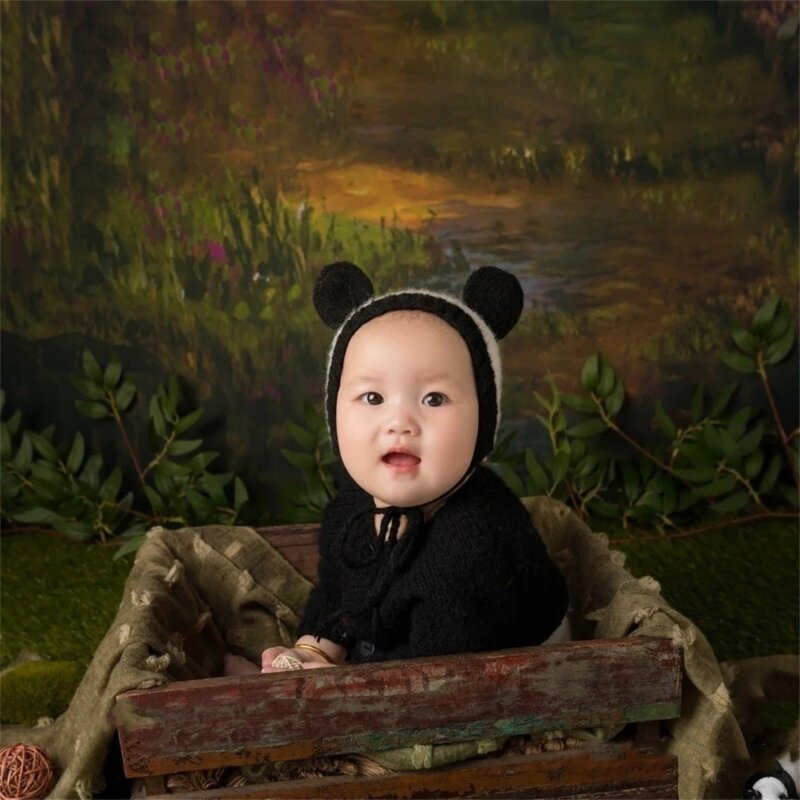 K5DD الطفل التصوير الدعائم زي بذلة الباندا الأذن قبعة الرضع دش الدعائم الطرف