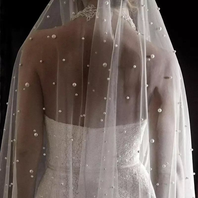 طويلة اللؤلؤ الحجاب الزفاف مع مشط ، كاتدرائية الحجاب الزفاف ، أبيض العاج ، حبات الكريستال ، 1 طبقة ، 75-300 سنتيمتر