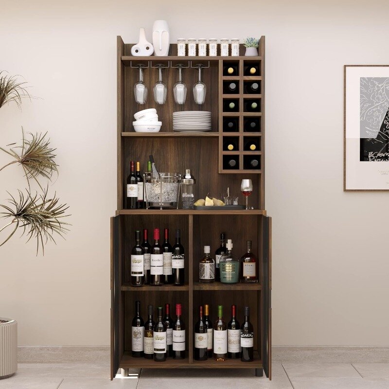 خزانة بار نبيذ للخمور والنظارات ، 12 رفوف زجاجة نبيذ ، قفص مطبخ ، خزانة تخزين للعيش ، غرفة طعام