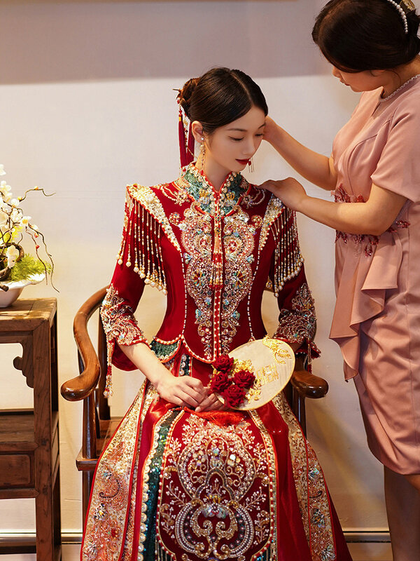 Yourqipao فستان الزفاف الصيني التقليدي شيونغسام حجم كبير الملابس الحمراء الحديثة تنورة المرأة رجل تانغ دعوى فساتين الشرقية
