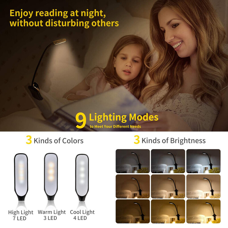 7 LED كتاب ضوء USB قابلة للشحن القراءة ضوء 3-Level دافئ كول الأبيض ضوء النهار المحمولة مرنة سهلة كليب ليلة القراءة مصباح