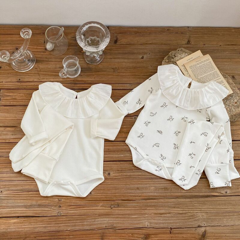 مجموعة ملابس الأطفال الرضع لموسم خريف 2022 ملابس منزلية بأكمام طويلة بدلة طويلة مكونة من رومبير مُزينة بالزهور